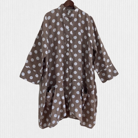 Blitz Taupe & White Polka Dot Linen Tulip Hem Dress Size Large BNWOT - Picture 1 of 12